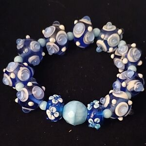 Handmade Blue Floral Lampwork Stretch Bracelet